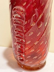 lot 356 image: Hand Blown Art Glass Ruby Red Vase with Applied Ribbon Detailing