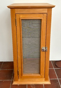 lot 219 image: Wooden Cabinet with Screened Sides and Glass Shelves