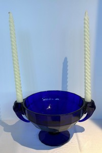 lot 478 image: Vintage Westmoreland Cobalt Blue Console Bowl with Elephant Head Candle Holders