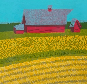 lot 280 image: Yellow Field Framed Wood Cut Studio Print by Charles Beck
