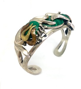 Excellent TAXCO Natural Green Malachite &amp Sterling 950 Silver Cuff Bracelet
