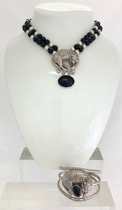 Large Vintage Signed Carol Felley Onyx &amp Sterling Leopard Pendant Necklace &amp Cuff Bracelet Set