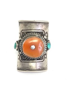 Large Old Vintage Oriental Sterling Ring w Turquoise &amp Coral&nbsp