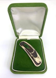 Singed Vintage Modernist Sterling Silver &amp Green Gemstone Brooch
