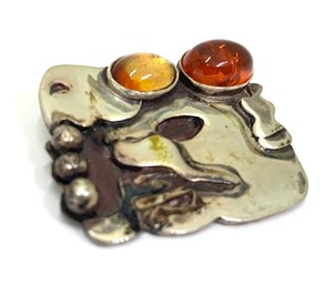 Signed Vintage Modernist Sterling Silver &amp Amber Brooch