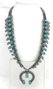Wonderful LARGE Vintage Southwestern Sterling Silver &amp Turquoise Squash Blossom Necklace by Oscar Alexius