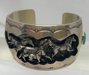 Large Vintage Relief Sterling Silver &amp Turquoise Cuff Bracelet w Horses by Harry B. Yazzie