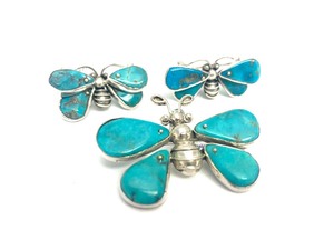 3 Sterling Silver &amp Turquoise ButterflyBee Brooch Pendants