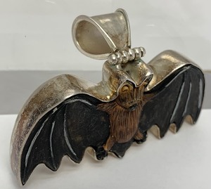 Signed Sterling Silver &amp Carved Bone Bat Pendant