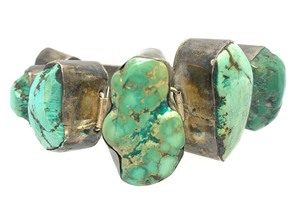 Excellent Vintage Large Chunky Sterling Silver &amp Turquoise Bracelet
