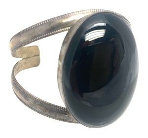 Vintage Sterling Silver &amp Large Onyx Cabochon Cuff Bracelet
