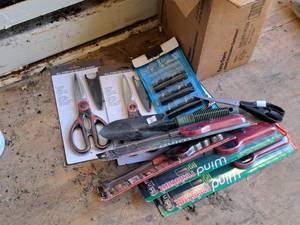 lot 554 image: Lot of (1 Box) Misc. Office Supplies - Lighters, Scissors, Clips, Glue Sticks, Markers