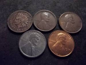 1888 Indianhead Cent,1909 VDB, 1926 Bronze, 1943 S Zinc, 1976 Memorial Bronze Lincoln Head Cents