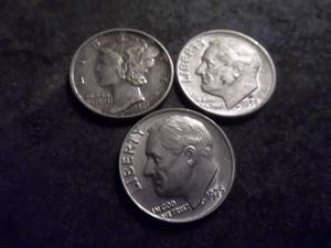 1941 Silver Mercury, 1959 Silver Roosevelt, 1975 Clad Dimes.
