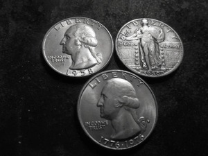 1930 Standing Liberty, 1958 Silver Washington, 1976 Clad Quarters