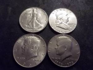 1944 Walker, 1963 Franklin, 1964 Kennedy Silver Half Dollars & Bicentennial Kennedy Half Dollars