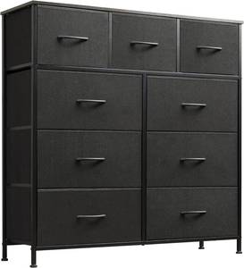 lot 34 image: WLIVE 9-Drawer Dresser, Fabric Storage Tower for Bedroom, Hallway, Nursery, Closet, Tall Chest Organizer Unit with Fabric Bins, Steel Frame, Wood Top, Easy Pull Handle, Charcoal Black NEW