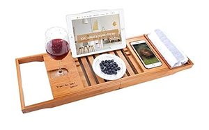lot 41 image: SUNFICON Bamboo Bath Tray Bathtub Caddy Bath Tub Reading Shelf Rack Organizer Removable Storage Tray Extending Sliding Side MugWineglassPhone Holder, Metal Frame NEW