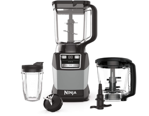 lot 76 image: Ninja AMZ493BRN Compact Kitchen System, 1200W, 3 Functions for Smoothies, Dough & Frozen Drinks with Auto-IQ, 72-oz. Blender Pitcher, 40-oz. Processor Bowl & 18-oz. Single-Serve Cup, Grey NEW