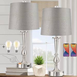 lot 92 image: PARTPHONER Set of 2 Touch Control Table Lamp with Dual USB Charging Ports Desk Lamps, 3-Way Dimmable Modern Nickel Finish