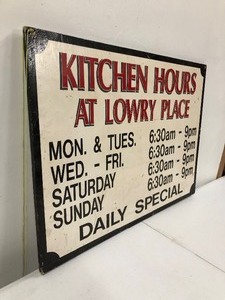 lot 29 image: Vintage LOWRY PLACE Wooden Restaurant Hours Advertising Sign