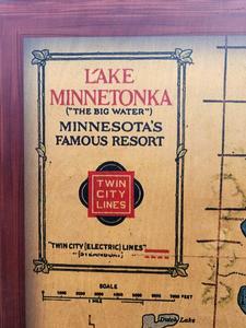lot 85 image: Large Framed LAKE MINNETONKA Vintage Style Map Wood Wall Hanging