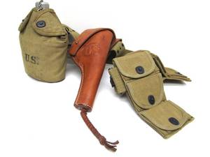 lot 158 image: Vintage Military Gun Belt wU.S. Marked Leather Holster & Canteen