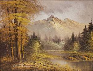 lot 225 image: Original River And Forest Landscape Scene Oil On Canvas Painting Framed 12