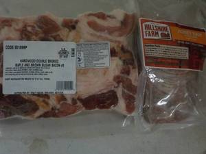 D 1 Frozen Pkg Hardwood Double Smoked Maple and Brown Sugar Bacon and 1 pkg Hillshire Farm Honey Sliced Ham