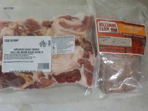 D 1 Frozen Pkg Hardwood Double Smoked Maple and Brown Sugar Bacon and 1 pkg Hillshire Farm Honey Sliced Ham