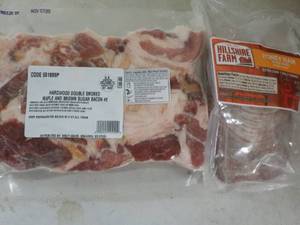 D 1 Frozen Pkg Hardwood Double Smoked Maple and Brown Sugar Bacon and 1 pkg Hillshire Farm Honey Sliced Ham