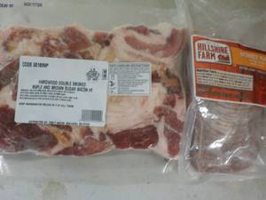 D 1 Frozen Pkg Hardwood Double Smoked Maple and Brown Sugar Bacon and 1 pkg Hillshire Farm Honey Sliced Ham