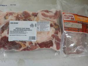 D 1 Frozen Pkg Hardwood Double Smoked Maple and Brown Sugar Bacon and 1 pkg Hillshire Farm Honey Sliced Ham