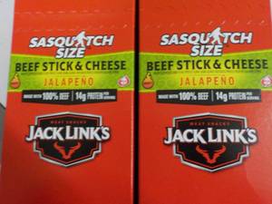 2 Jacks Links Sasquatch Size Beef Stick and Cheese Jalapeno- 12 sticks per box best date 11162023