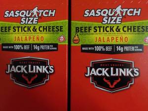 2 Jacks Links Sasquatch Size Beef Stick and Cheese Jalapeno- 12 sticks per box best date 11162023