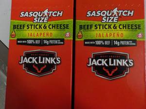 2 Jacks Links Sasquatch Size Beef Stick and Cheese Jalapeno- 12 sticks per box best date 11162023