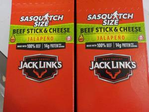 2 Jacks Links Sasquatch Size Beef Stick and Cheese Jalapeno- 12 sticks per box best date 11162023
