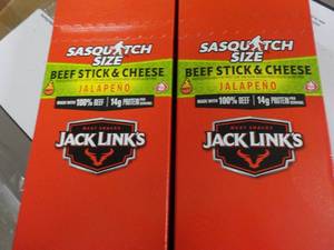 2 Jacks Links Sasquatch Size Beef Stick and Cheese Jalapeno- 12 sticks per box best date 11162023