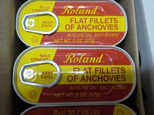 50 - 2 oz Tins Roland Flat Fillets of Anchovies best date 082023