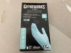 lot 337 image: LOT OF 10 GLOVEWORKS Blue Disposable Nitrile Textured Latex Free Industrial Gloves - Size Medium 100 Count