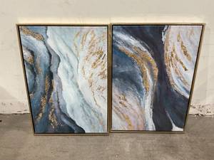 lot 160 image: Artroad 2-Piece Navy Blue & Gold Large Framed Abstract Wall Art