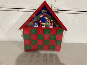 lot 28 image: Christmas Wooden Advent Calendar Nativity Scene With Drawers and LED Lights