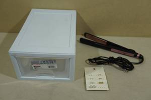 lot 102 image: Sterilite Stackable Storage Drawer with Hair Straightener and Earrings