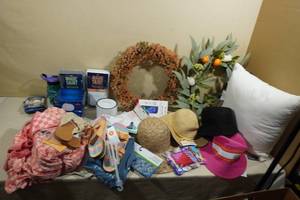 lot 231 image: Assortment - Wreaths, Bed Skirts, Hats, Sandals, Pillow