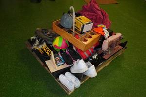 lot 244 image: Pallet of Assorted Items - Shoes, Shelves, Sewing Machine, Toolbox