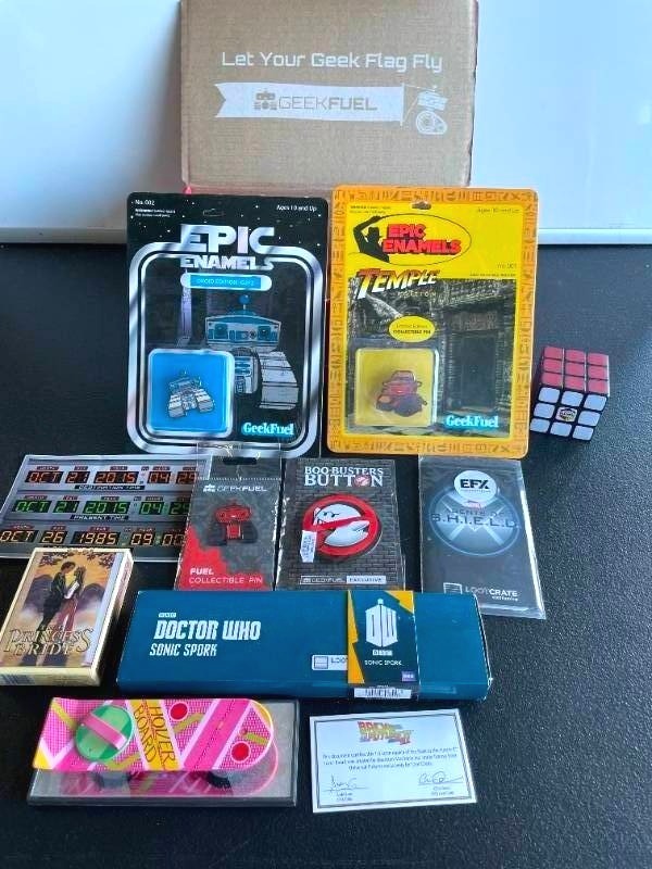 lot 91 image: Lot of Loot Crate and Geek Fuel Box Merch-Princess Bride, Star Wars Pins, Doctor Who and MORE