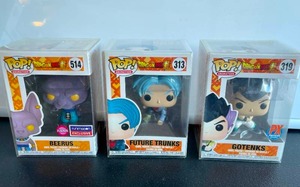 lot 52 image: Lot of 3 Dragonball Super Funko Pop Figures -  Beerus, Future Trunks, Gotenks