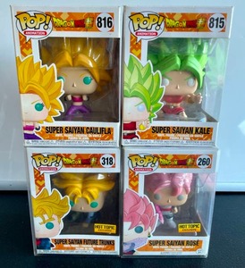 lot 55 image: Lot of 4 Dragonball Super Funko Pop Figures - Super Saiyan Caulifla, Kale, Future Trunks, & Rose