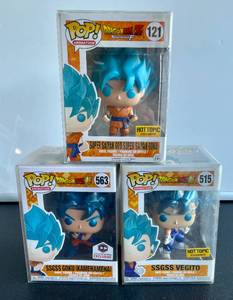 lot 64 image: Lot of 3 Dragonball Z and Super Funko Pop Figures- SSGSS Goku, Goku Kamehameha& Vegito