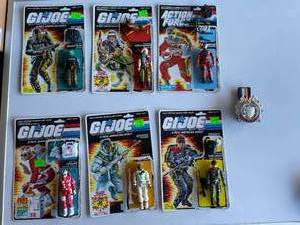 lot 128 image: Lot of GI-Joe Action Figures and 1988 Mattel Fire Forces Fire Fighter Men of Metal Clip on Badge